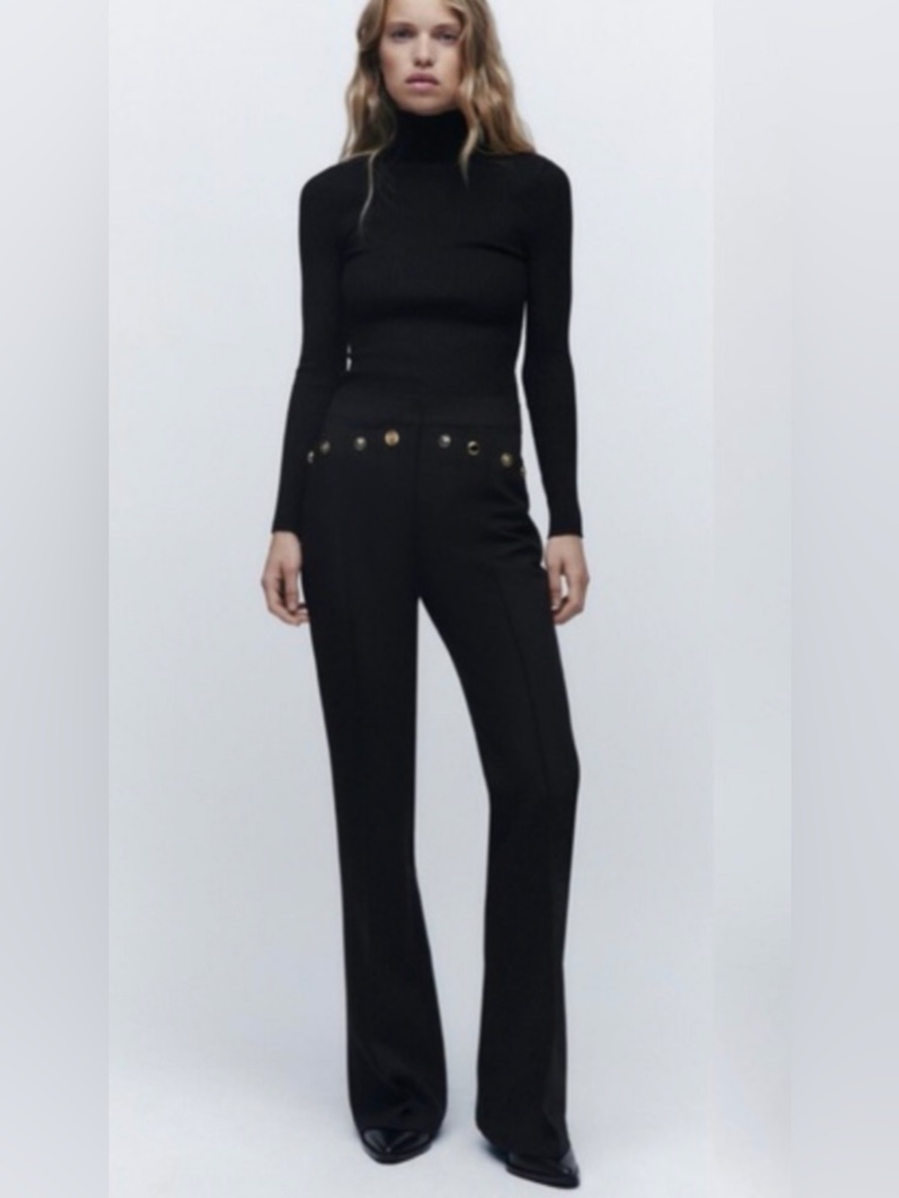 Zara High-Rise Black flare Pants with Button Detail